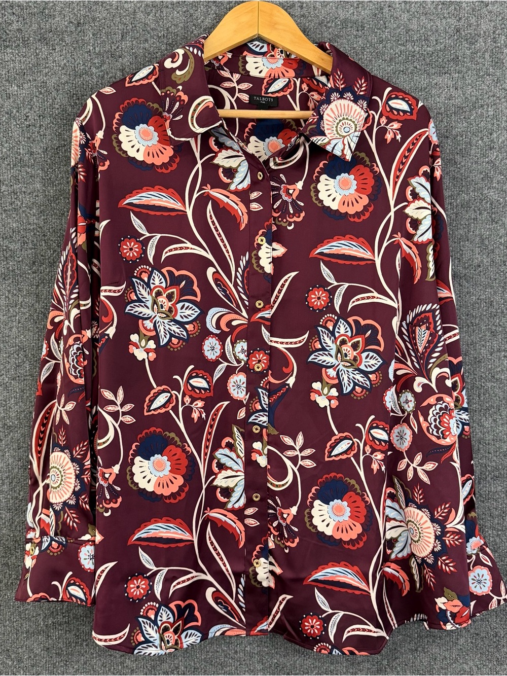 Talbots Womens 3X Floral Paisley Button Up Top Burgundy Long Sleeve Office Boho